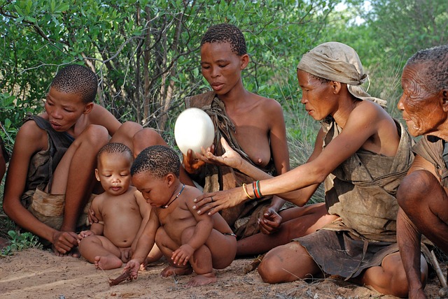 Political organization and disease. African hunter-gatherers sitting in a group holding an egg.