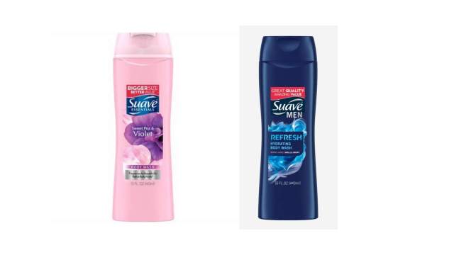 pink bottle of Suave brand body wash for women, and a blue bottle of Suave brand body wash for men