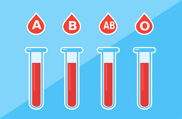 Evolution. Image of 4 vials containing blood, and labeled A, B, AB, and O.