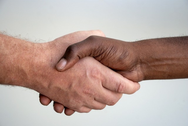 A "white" hand and "black" hand shaking hands.