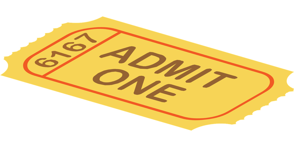 New features! Image of a yellow ticket with the words "admit one" 
