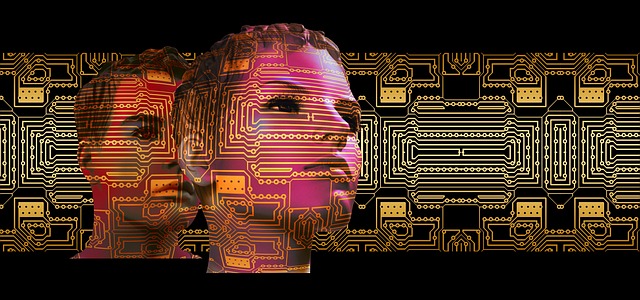 pink human's face with yellow circuitry on a black background